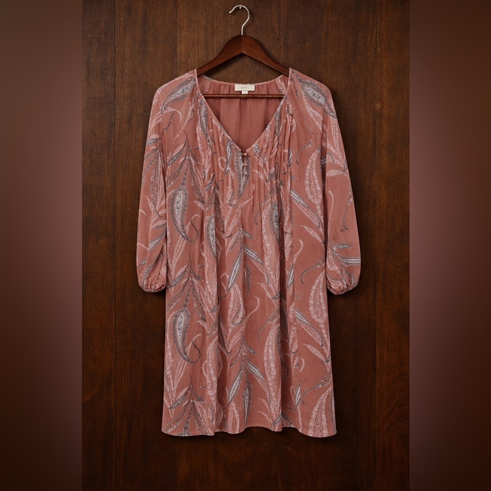 LOFT Dress Medium Pink Paisley Boho Flowy Tunic Shift 3/4 Sleeve